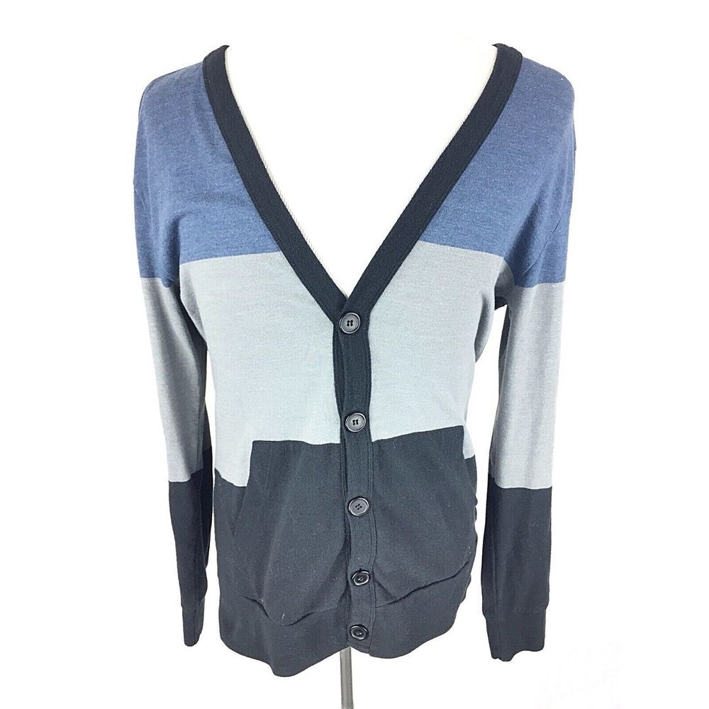 On The Byas women's Cardigan Sweater M Medium Colorblock Long Sleeve Blue Black - Picture 1 of 7
